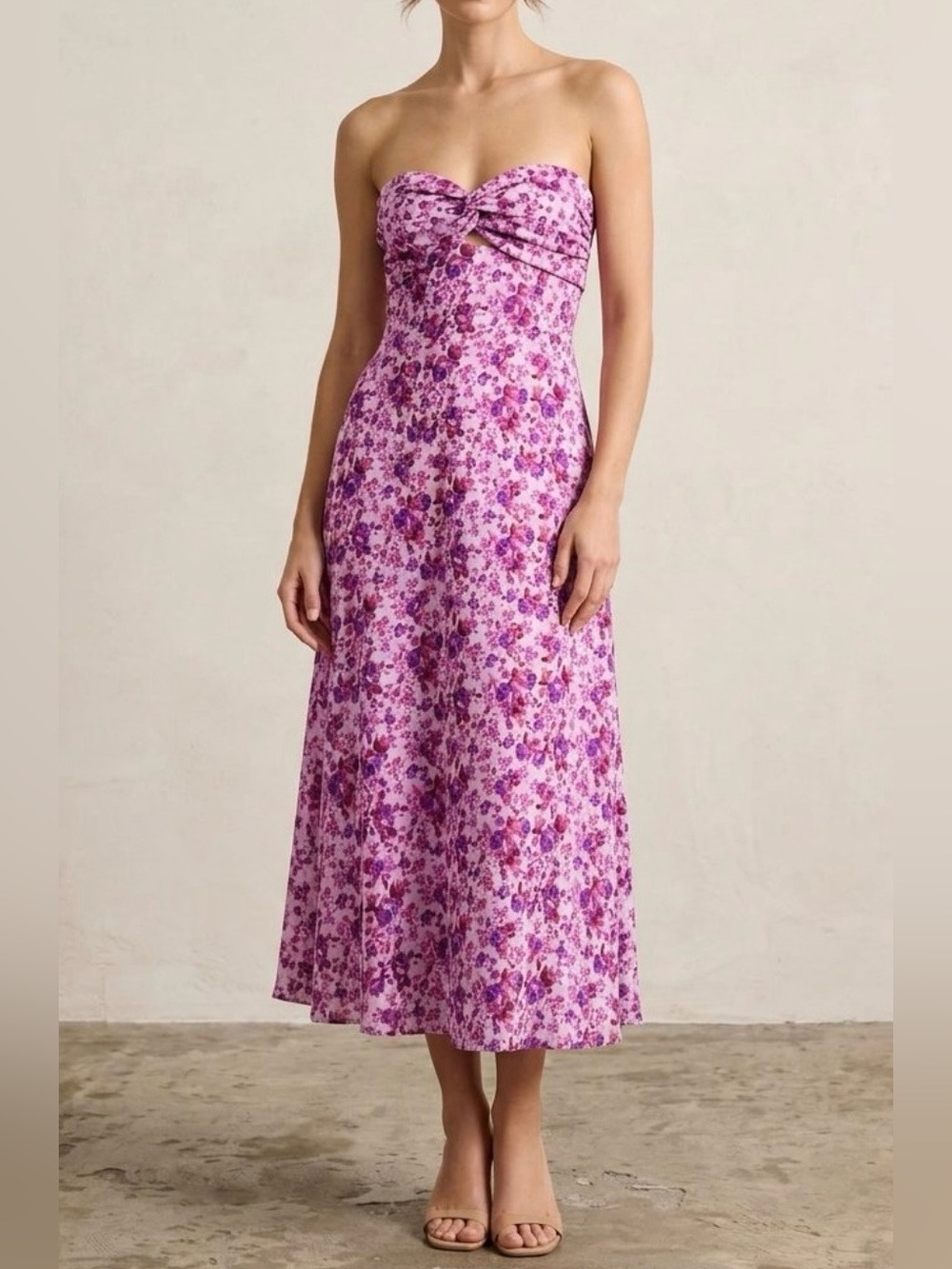 Trixxi Strapless Floral Midi Dress Womens XL Pink Purple Twist Keyhole Cutout
